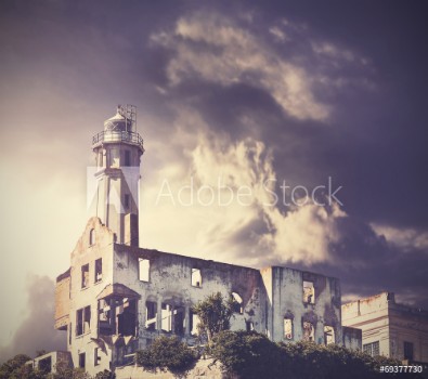 Picture of Vintage picture of dramatic rainy sky over Alcatraz Island san francisco usa
